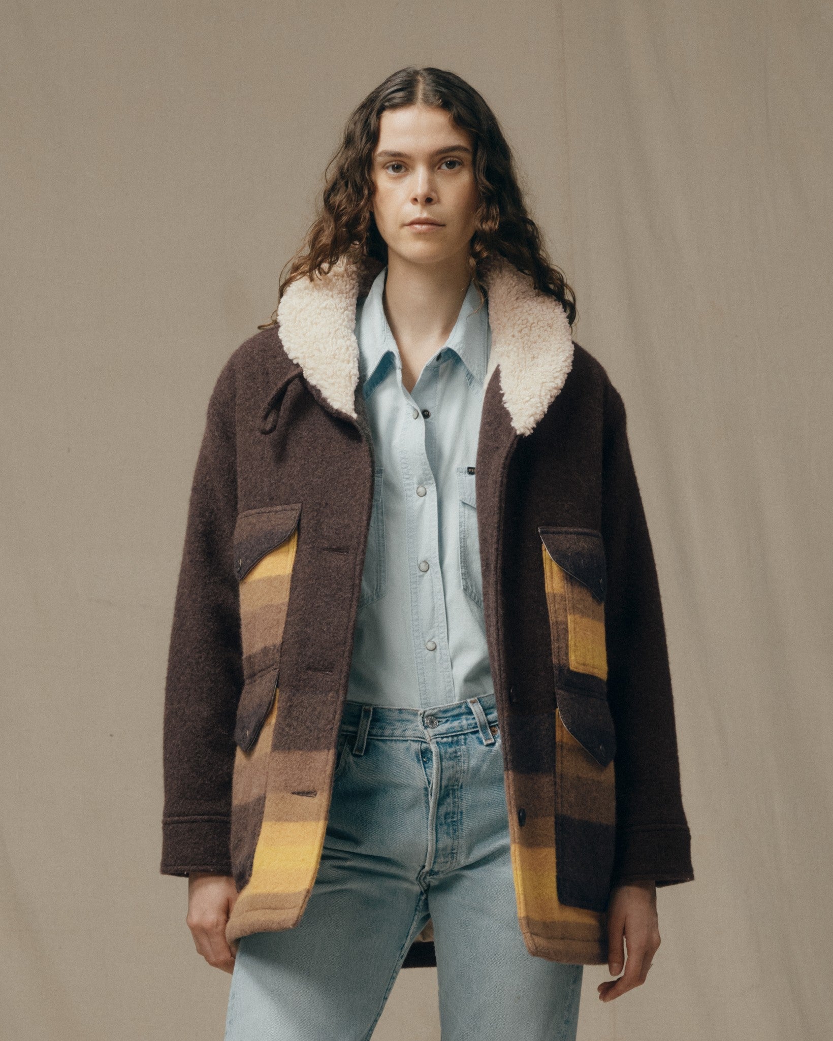 Women's Kodiak Shawl Collar Coat - Brown / Yellow Stripe - Image 3