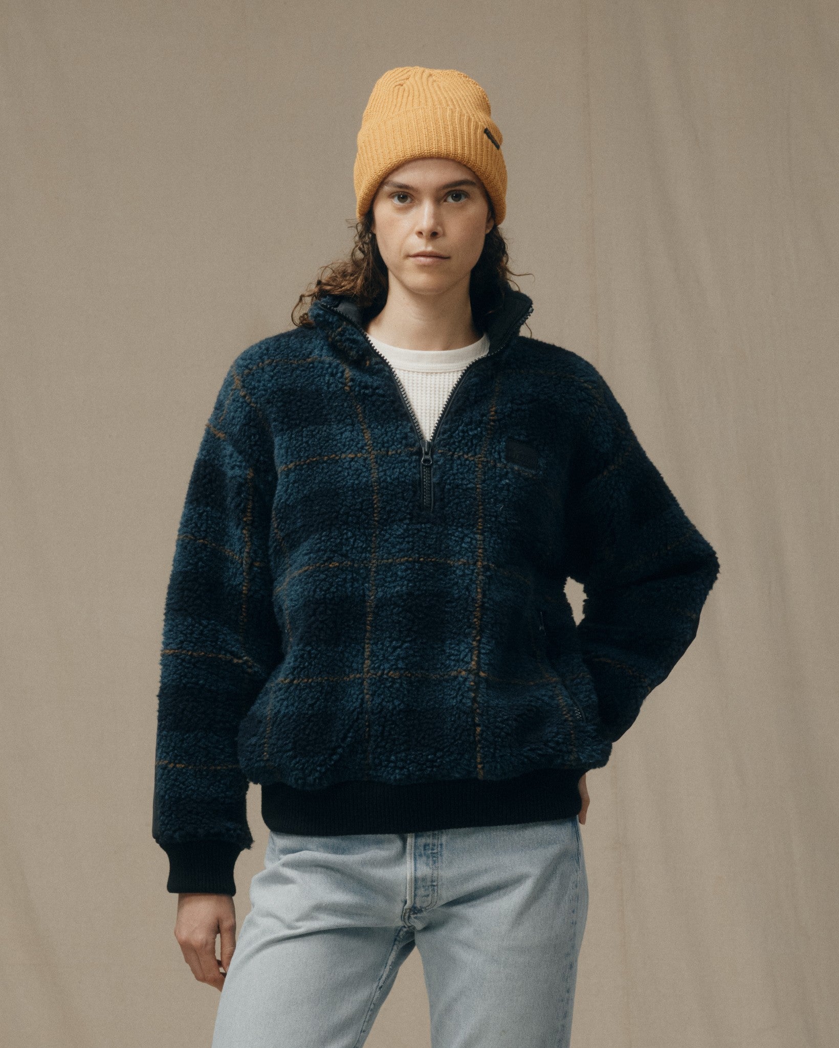 Women's Pile Fleece Popover - Blue / Black Plaid
