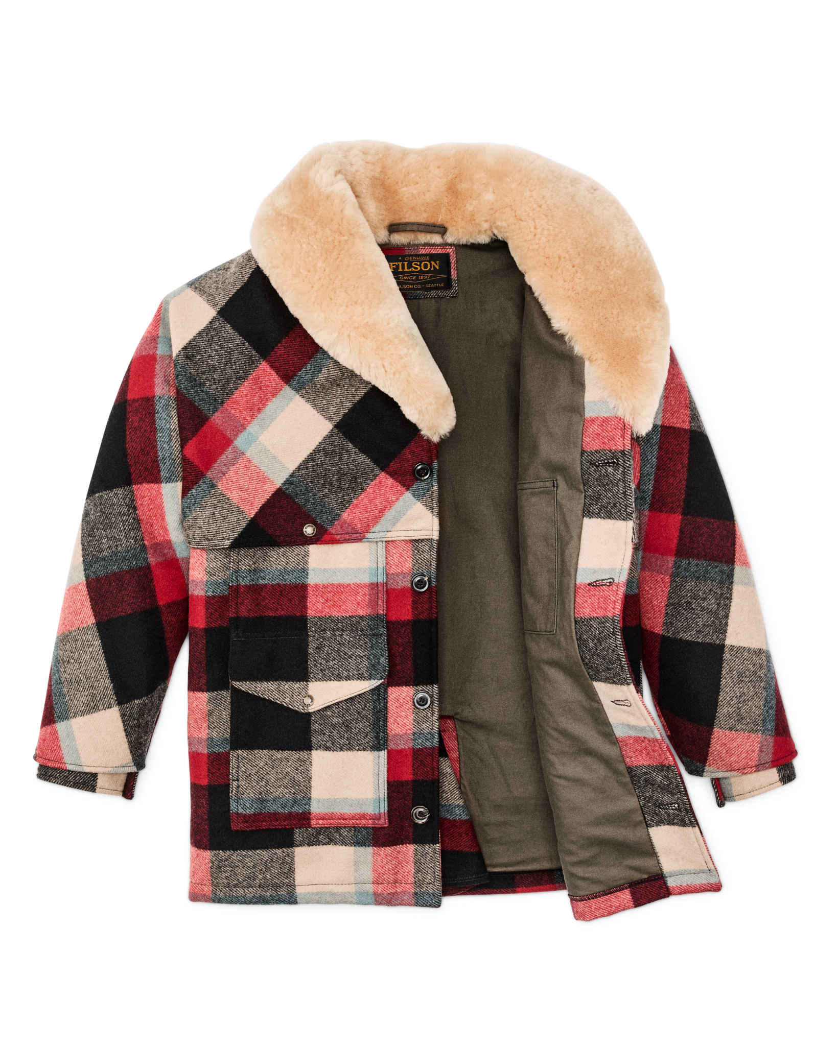 Lined Mackinaw Wool Packer Coat - Red / Cream / Blue Plaid - Image 6
