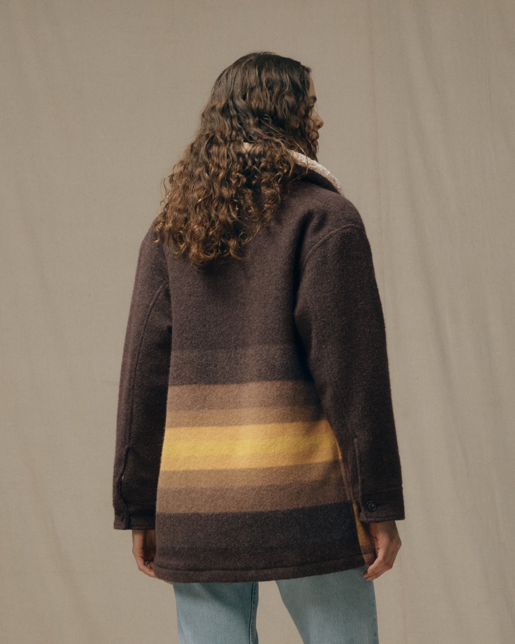 Women's Kodiak Shawl Collar Coat - Brown / Yellow Stripe - Image 2