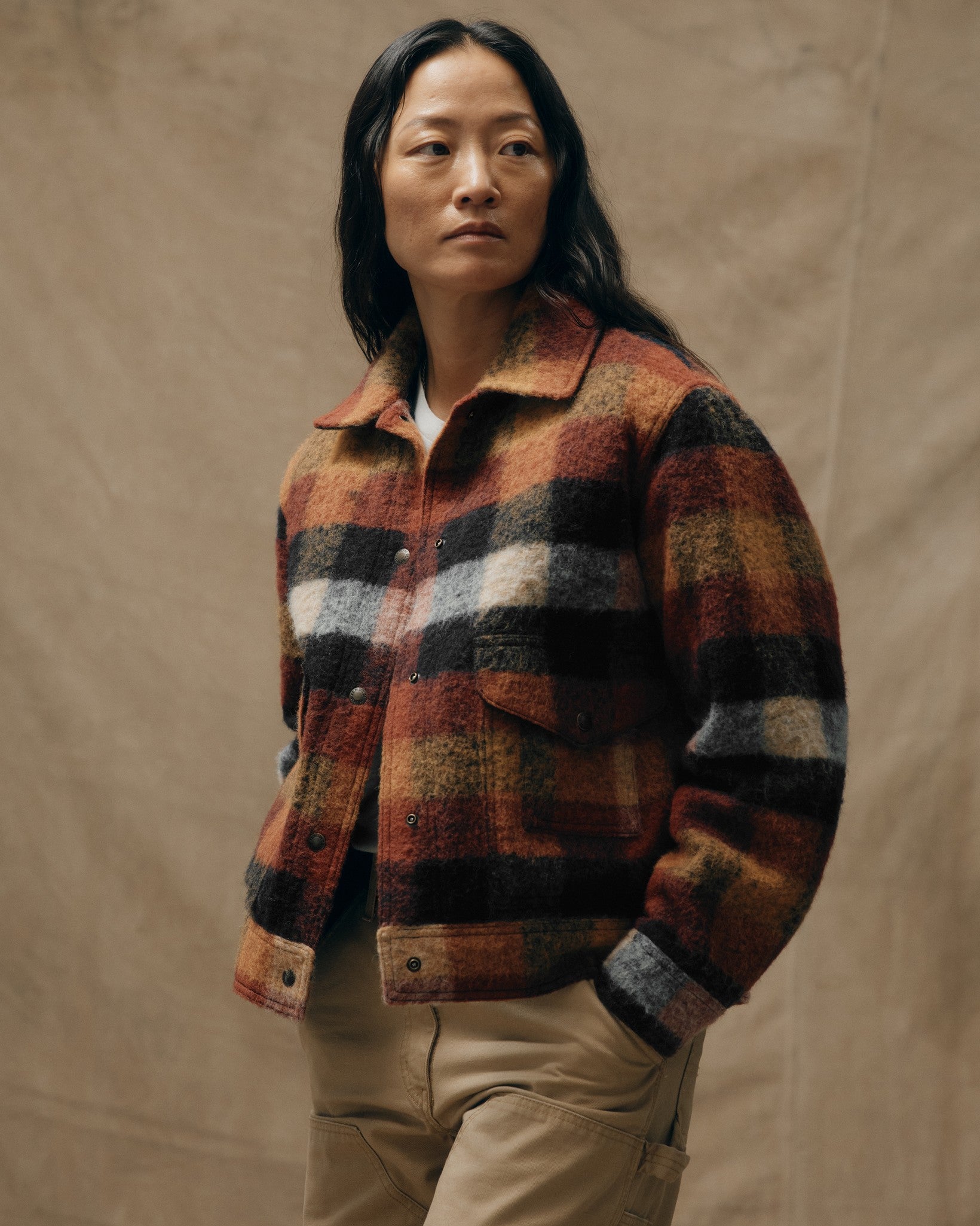 Women's Blanket Wool Heritage Jacket - Red / Orange / Black Plaid - Image 9