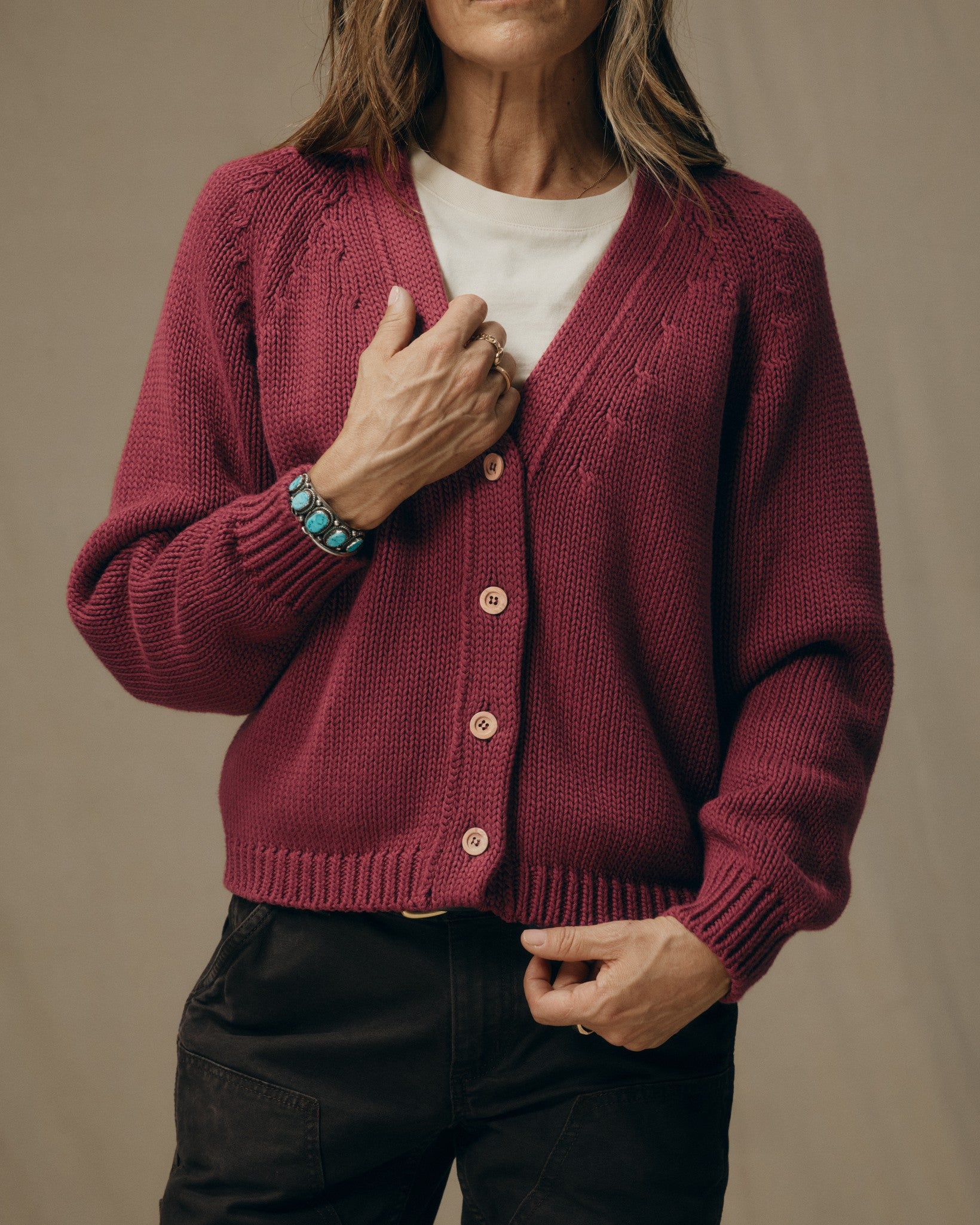 Women's Rustic Cotton Cardigan - Burgundy - Image 3