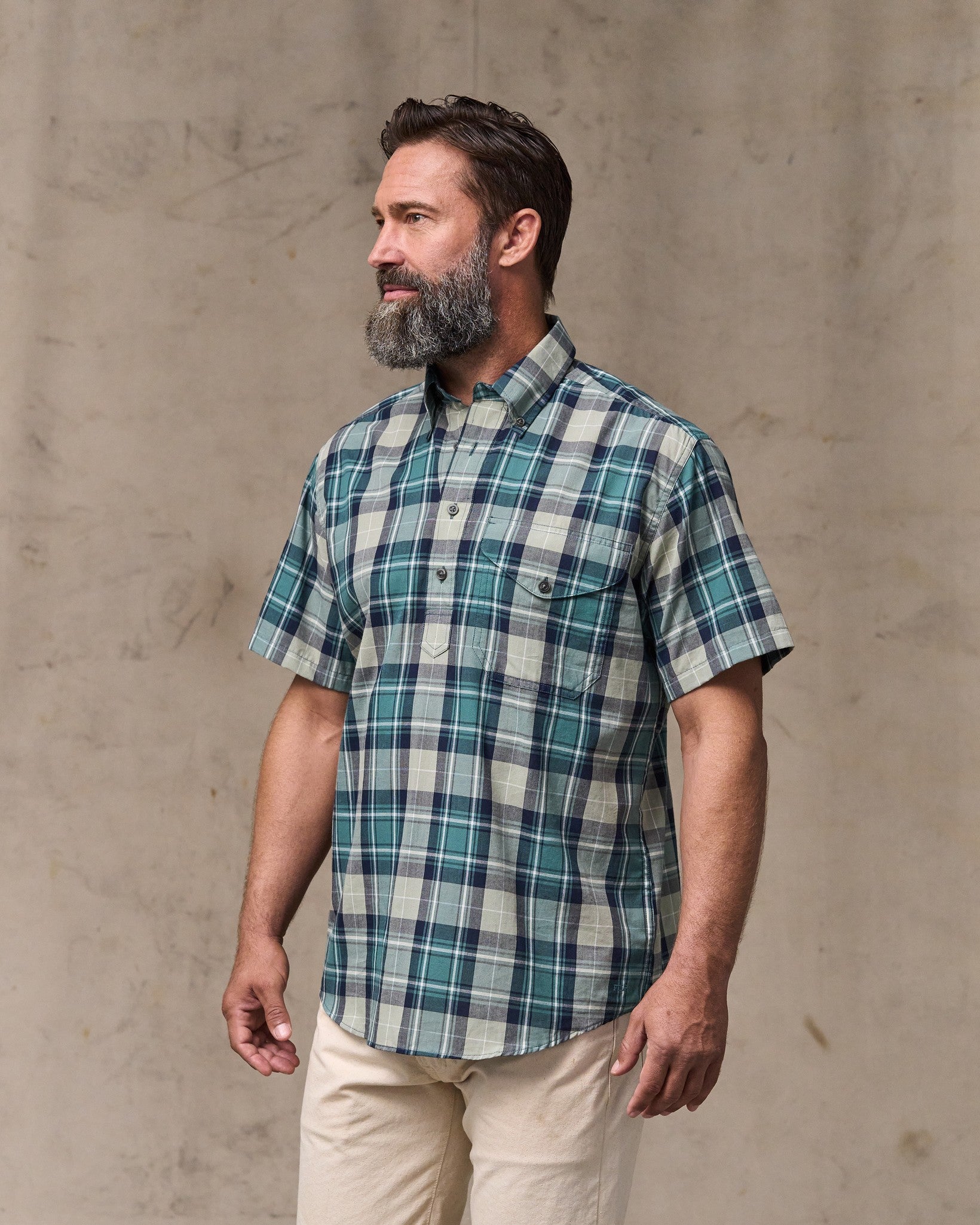 Short Sleeve Madras Popover Shirt - Gray / Teal Multicolor - Image 4