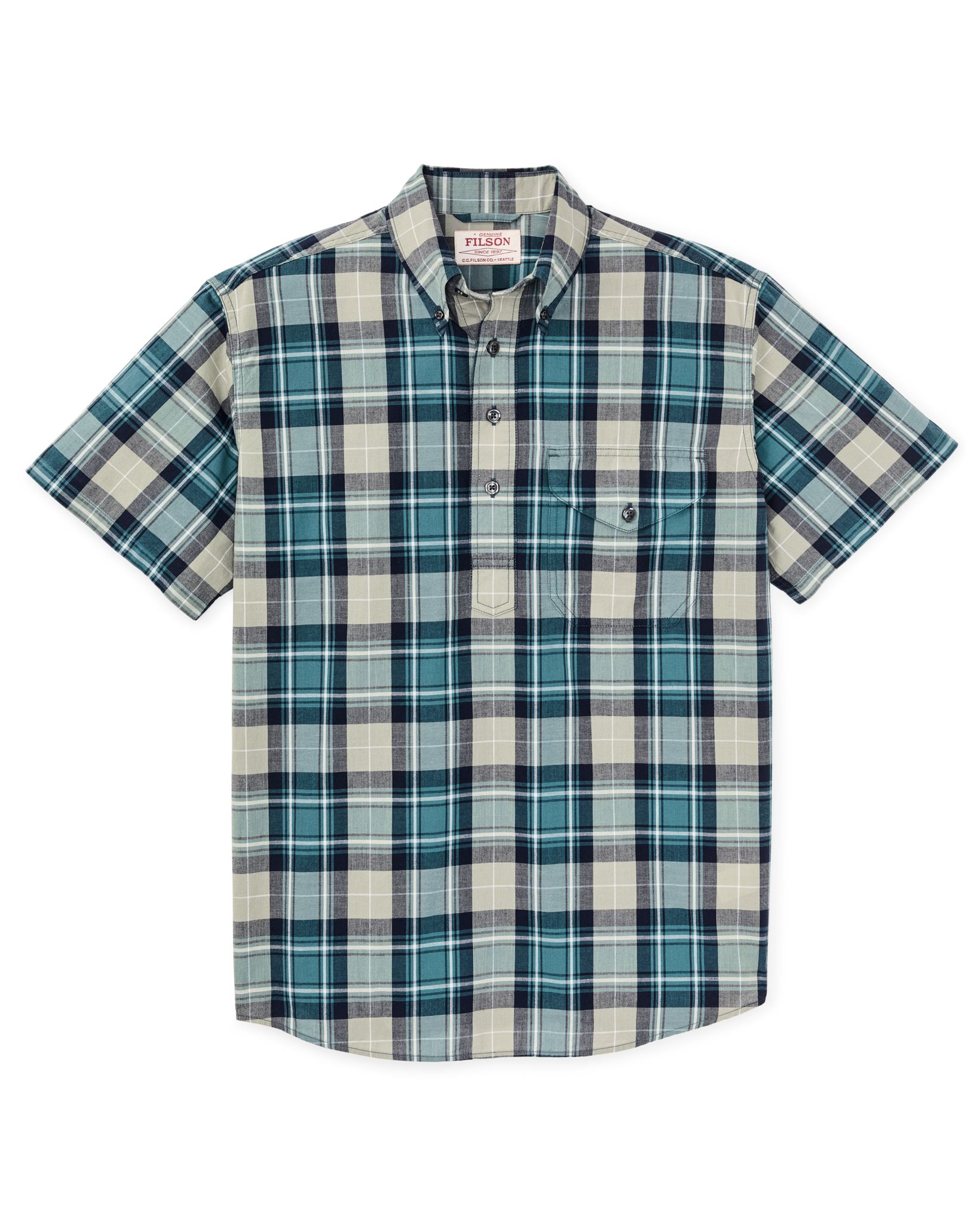 Short Sleeve Madras Popover Shirt - Gray / Teal Multicolor - Image 5
